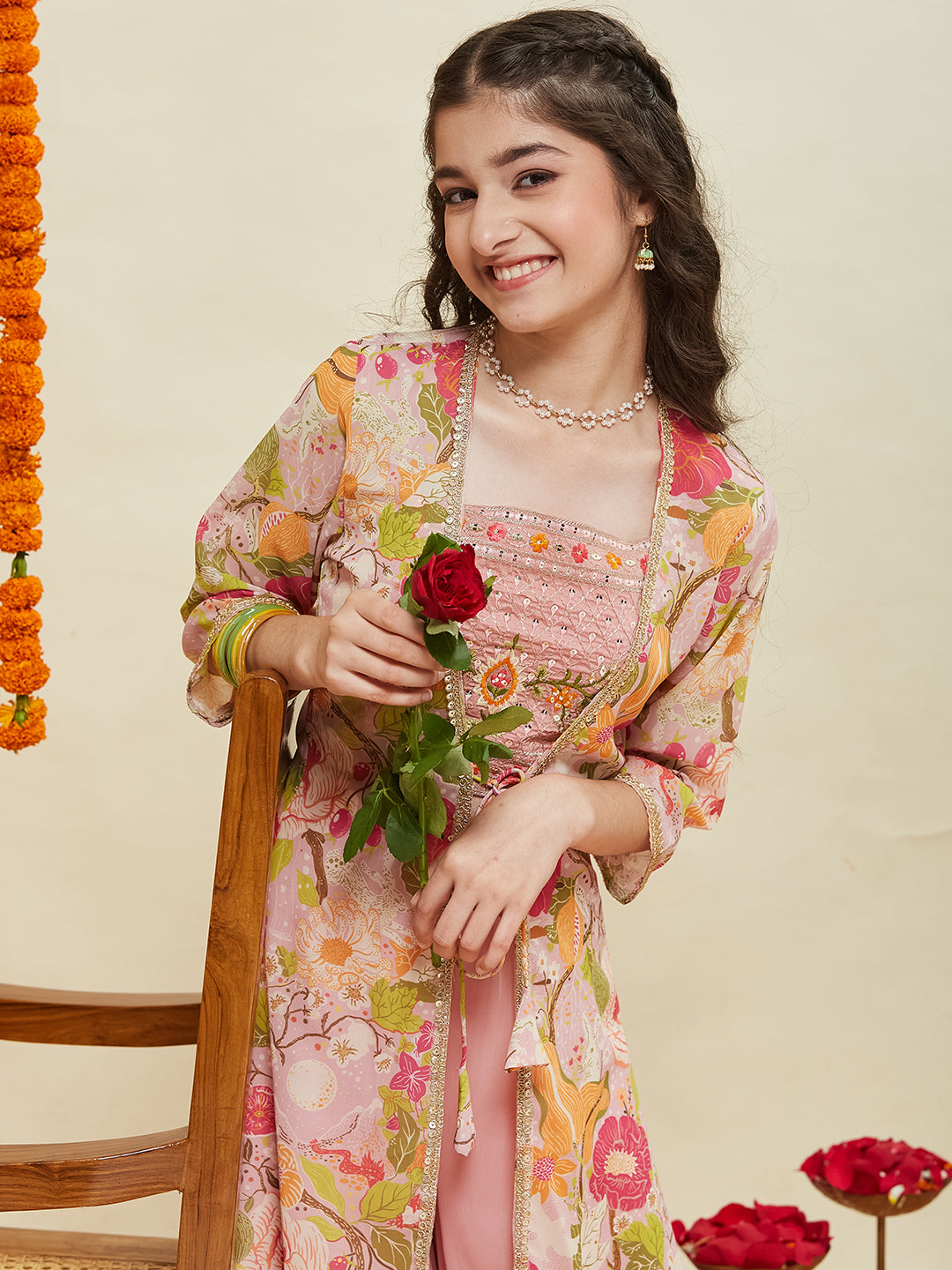 Pink Embroidered Georgette Top, Plazoo Shurg Set for girls