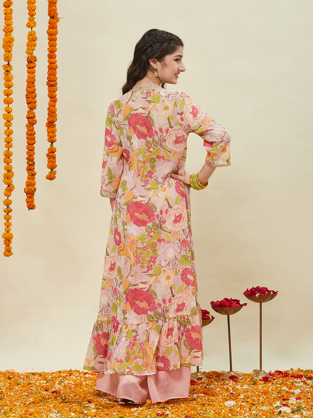 Pink Embroidered Georgette Top, Plazoo Shurg Set for girls