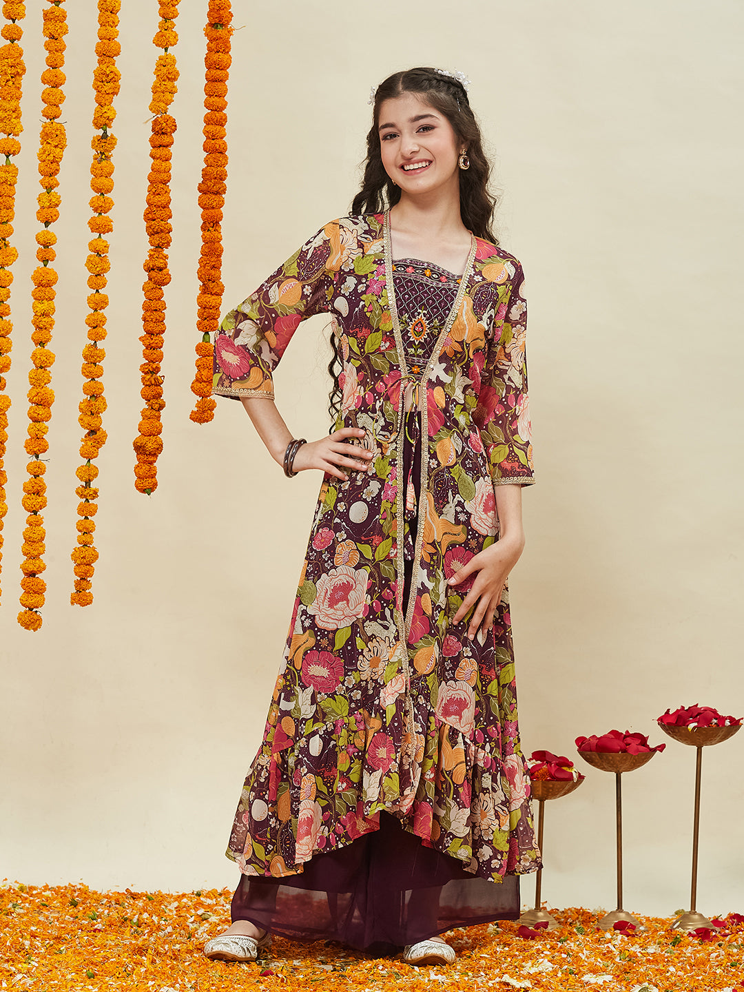 Wine Embroidered Georgette Top, Plazoo Shurg Set for girls