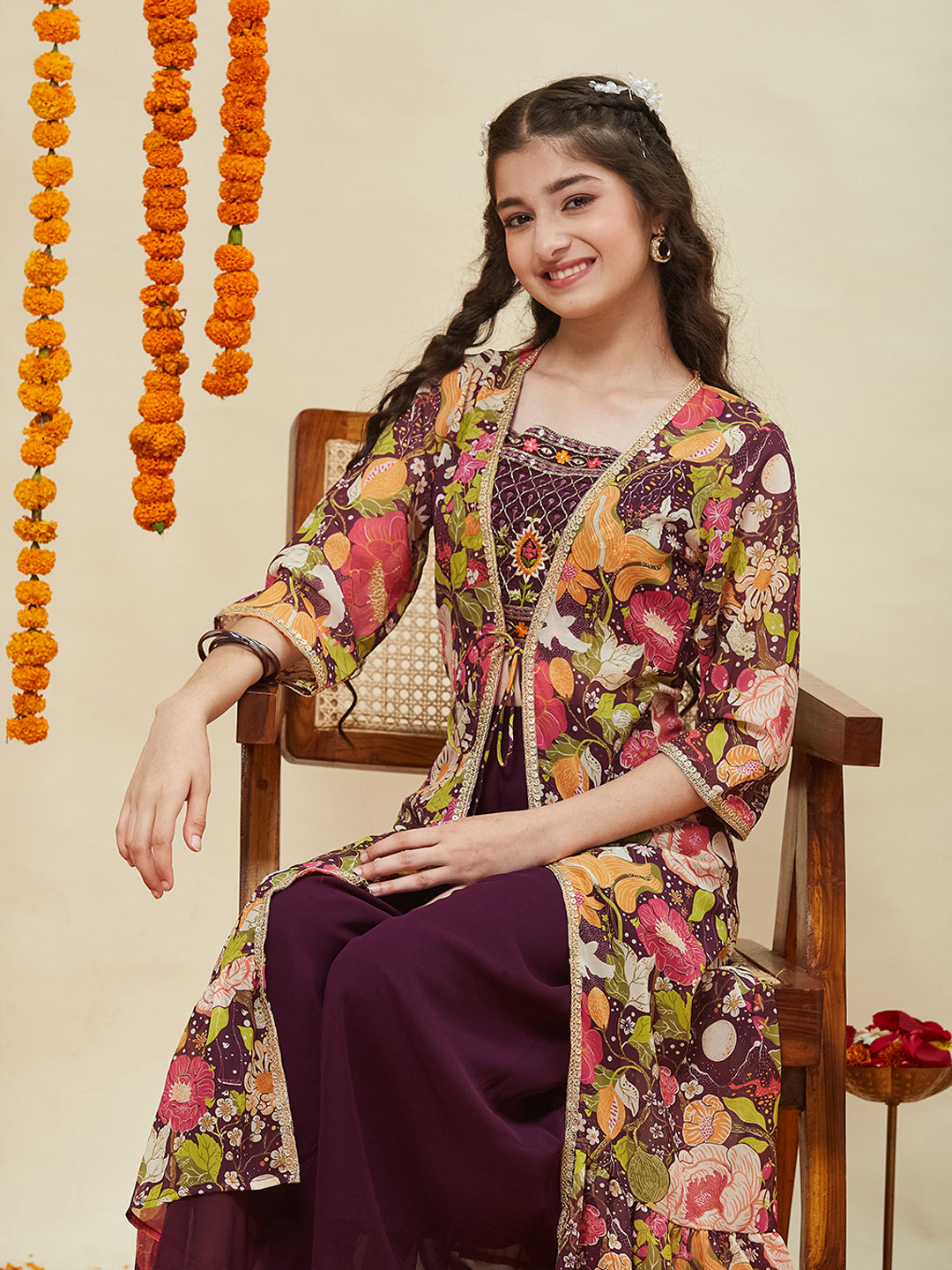 Wine Embroidered Georgette Top, Plazoo Shurg Set for girls