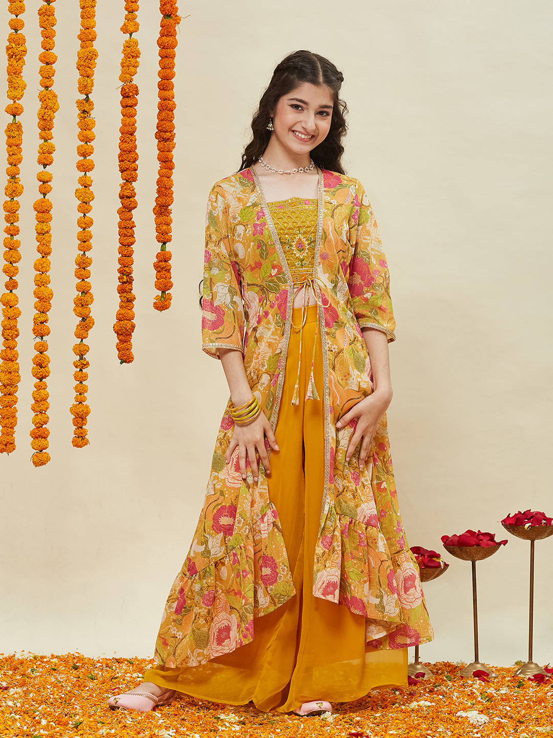 Yellow Embroidered Georgette Top, Plazoo Shurg Set for girls