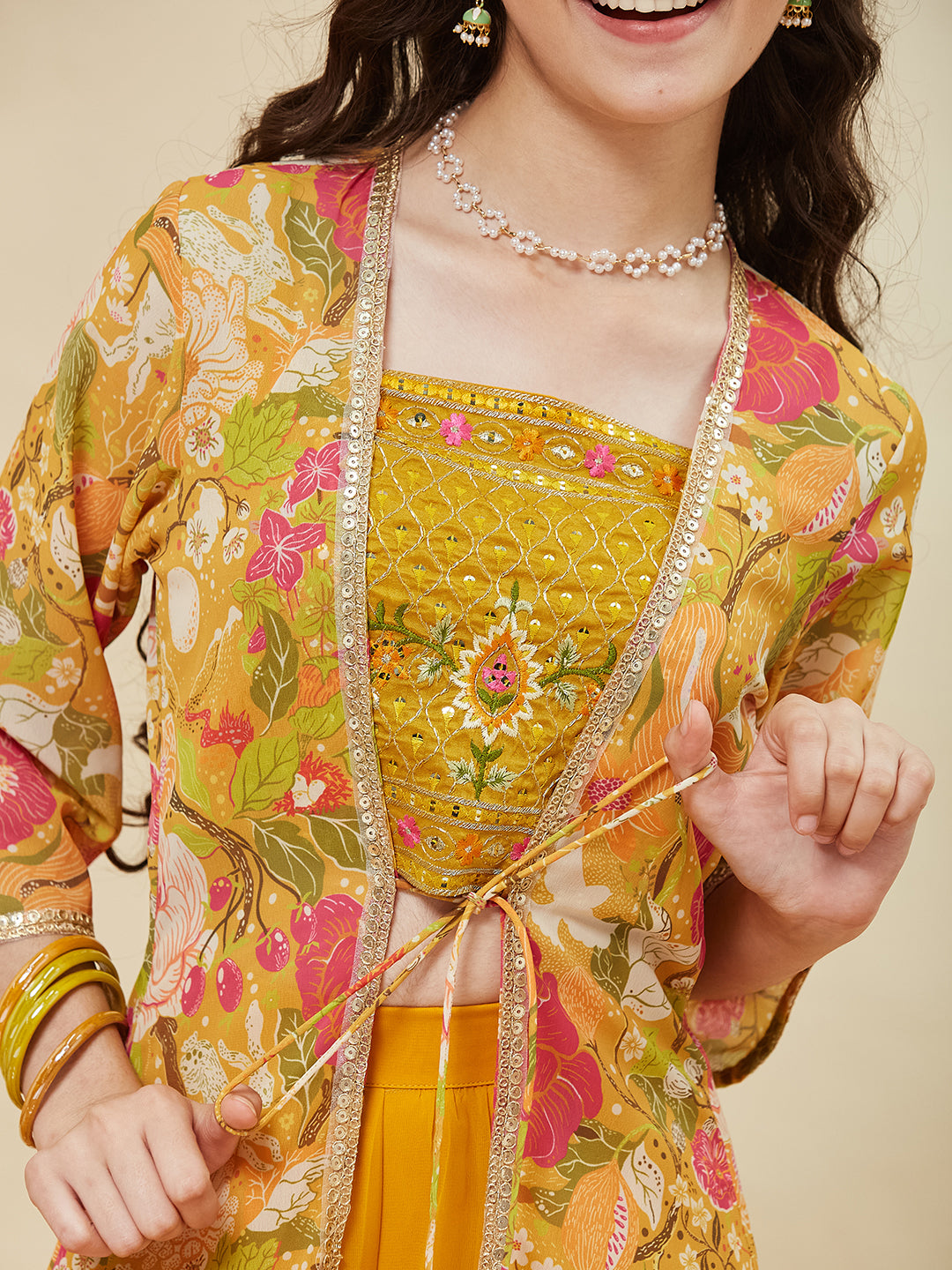 Yellow Embroidered Georgette Top, Plazoo Shurg Set for girls