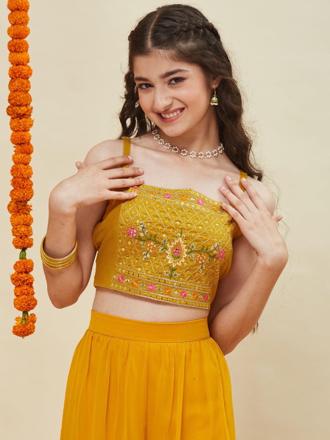 Yellow Embroidered Georgette Top, Plazoo Shurg Set for girls