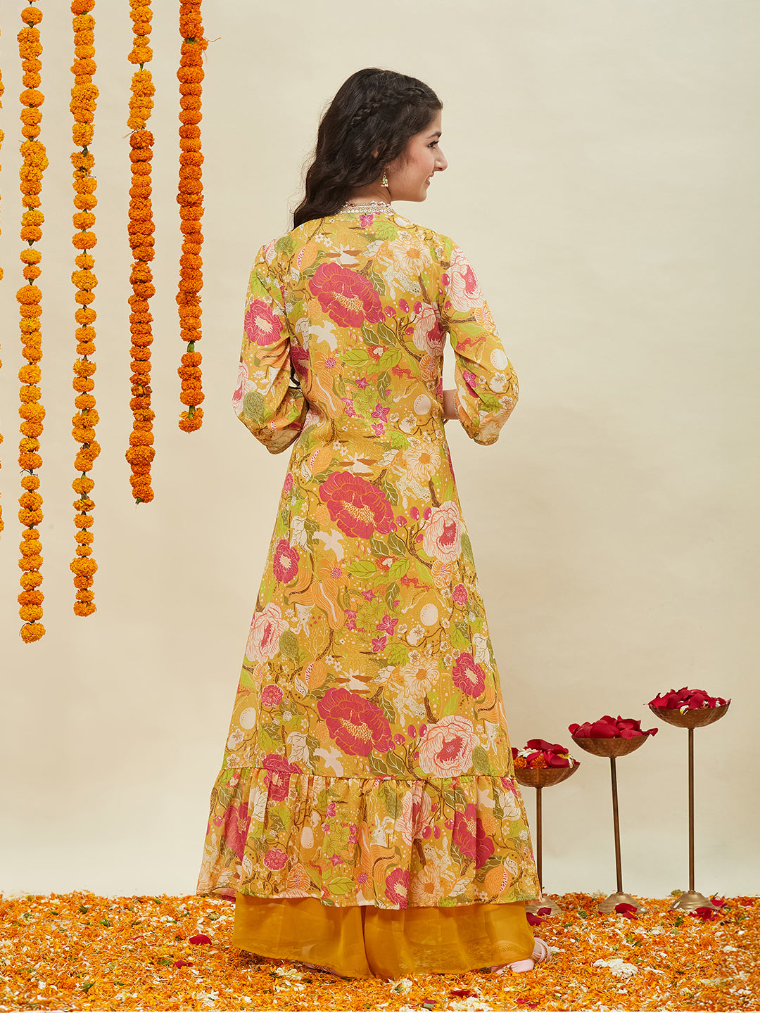 Yellow Embroidered Georgette Top, Plazoo Shurg Set for girls