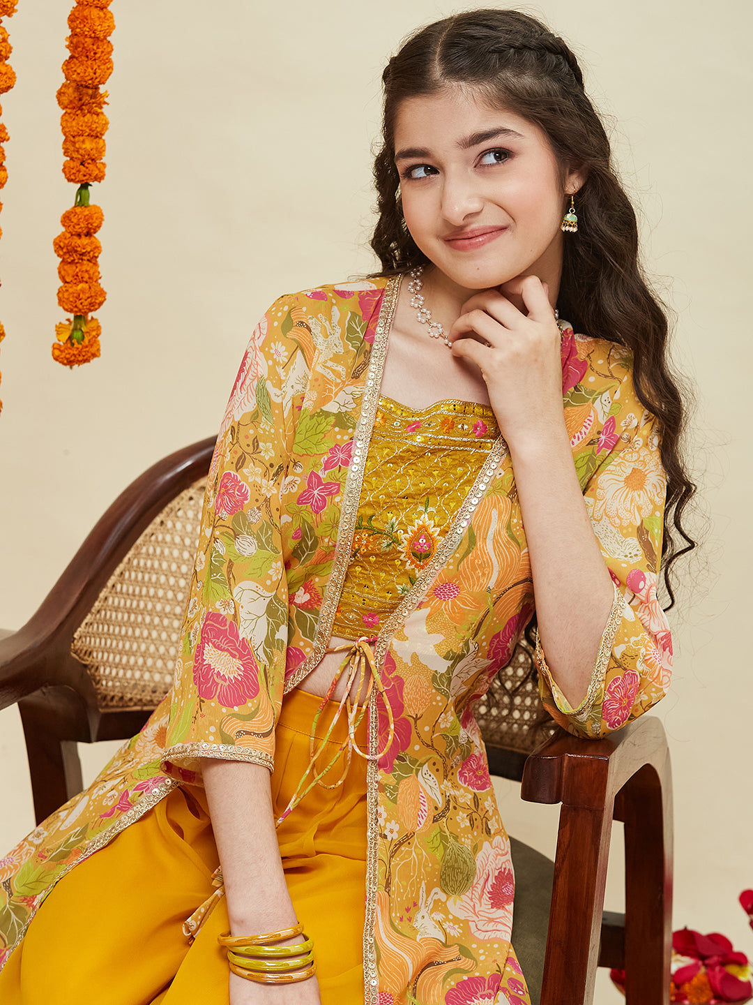 Yellow Embroidered Georgette Top, Plazoo Shurg Set for girls