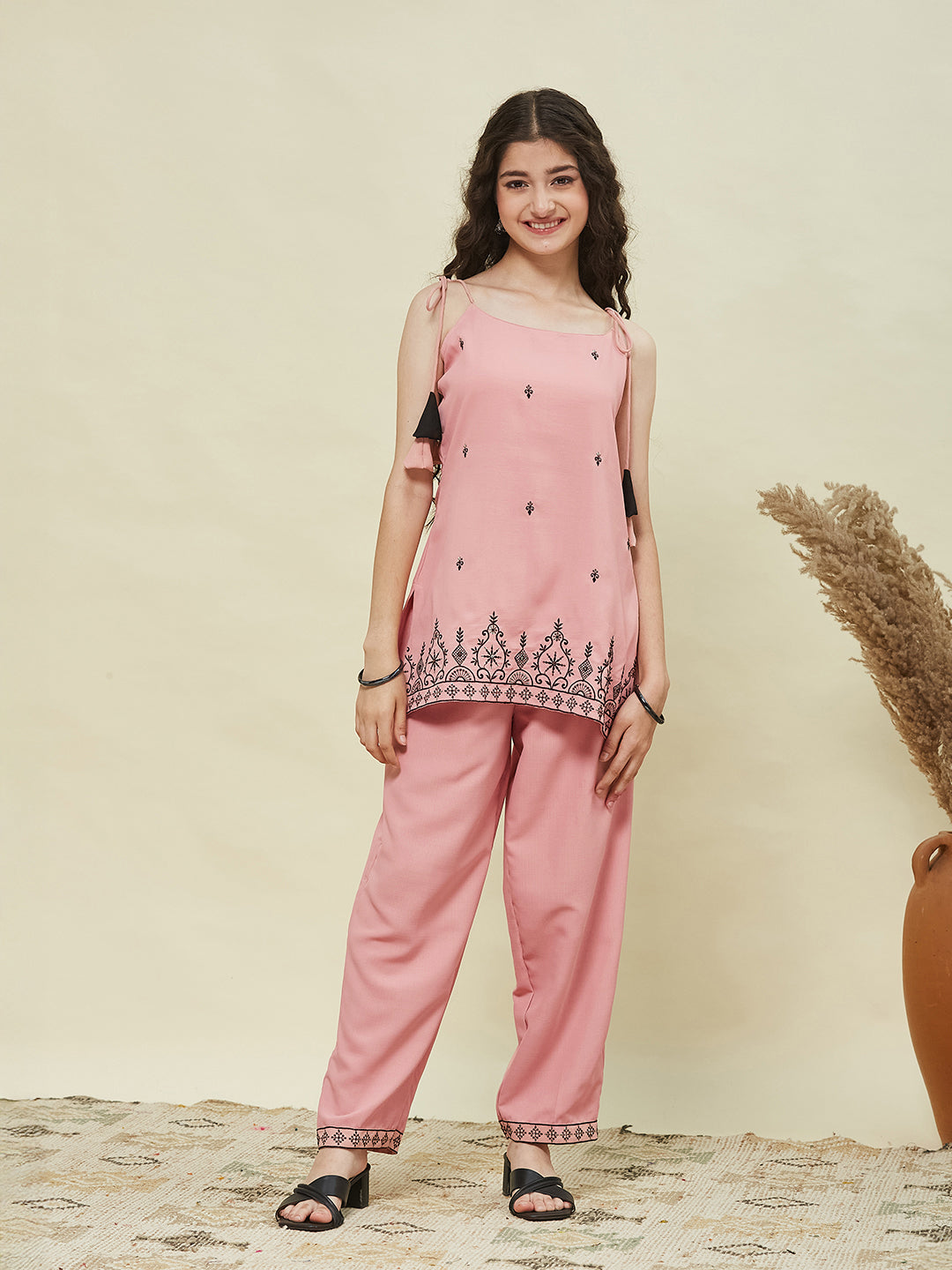 Baby Pink Viscose Blend Embroidered Top & Pant set for Girls