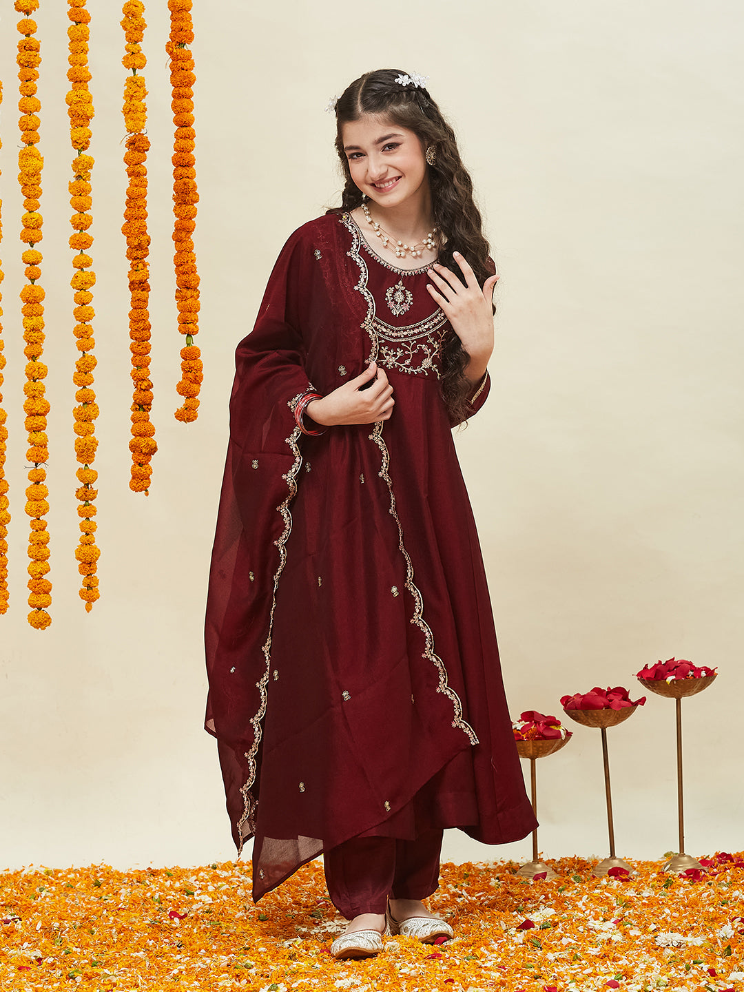 Maroon Embroidered Polyester Anarkali Pant with Dupatta Set for girls