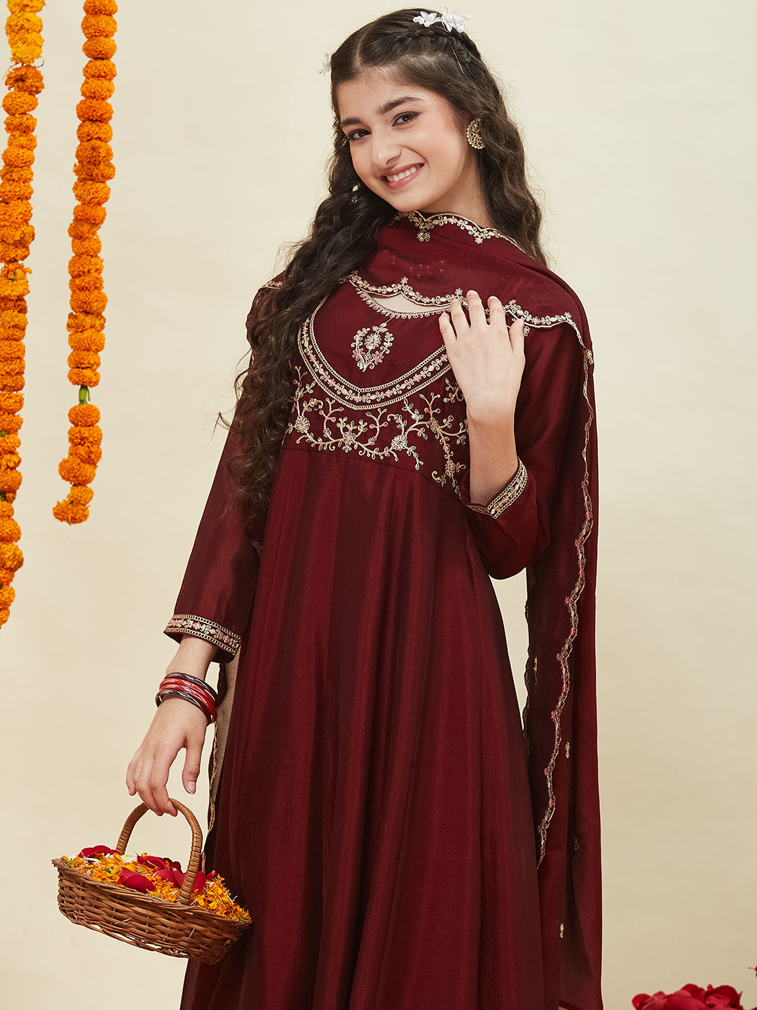 Maroon Embroidered Polyester Anarkali Pant with Dupatta Set for girls