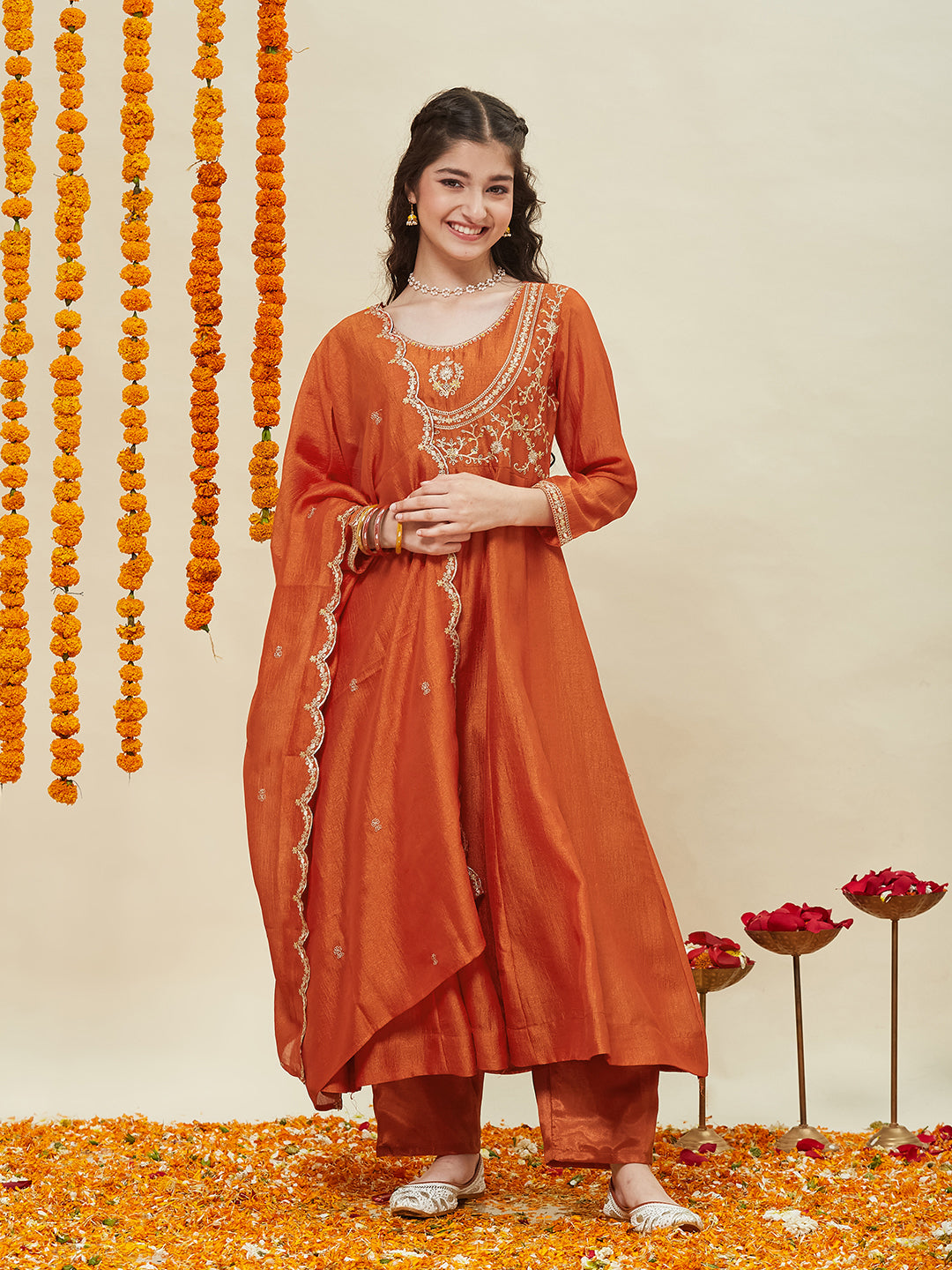 Orange Embroidered Polyester Anarkali Pant with Dupatta Set for girls