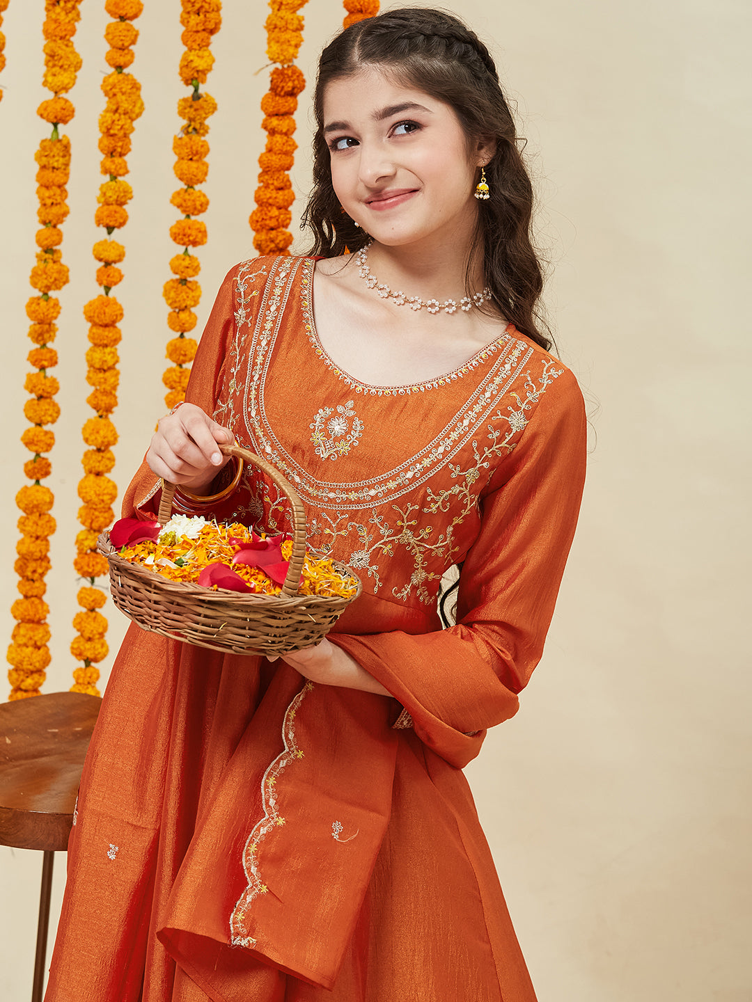 Orange Embroidered Polyester Anarkali Pant with Dupatta Set for girls