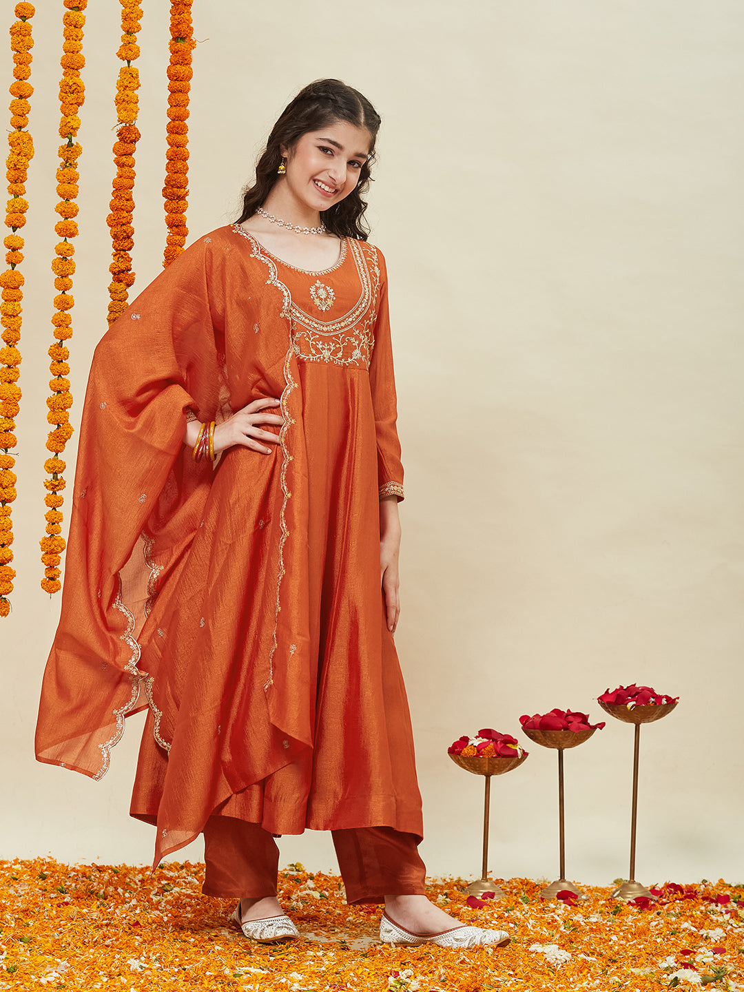 Orange Embroidered Polyester Anarkali Pant with Dupatta Set for girls