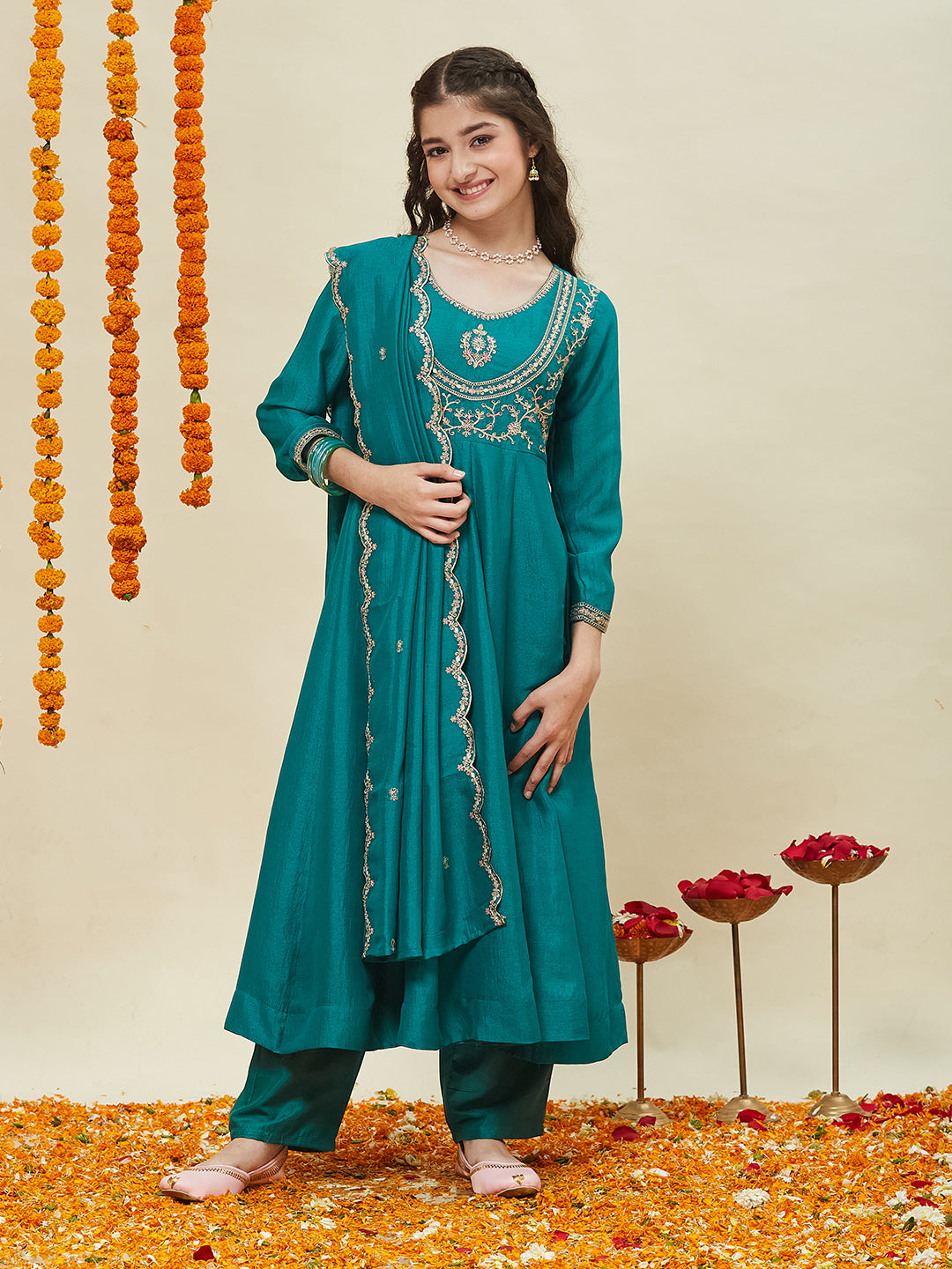 Dark Rama Embroidered Polyester Anarkali Pant with Dupatta Set for girls