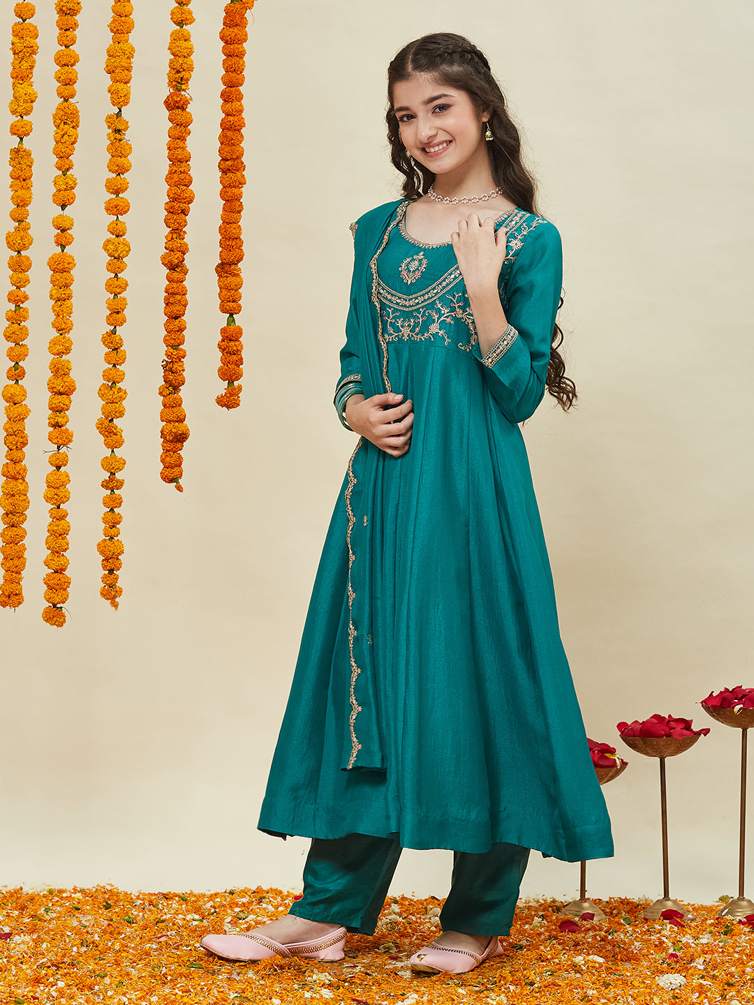 Dark Rama Embroidered Polyester Anarkali Pant with Dupatta Set for girls