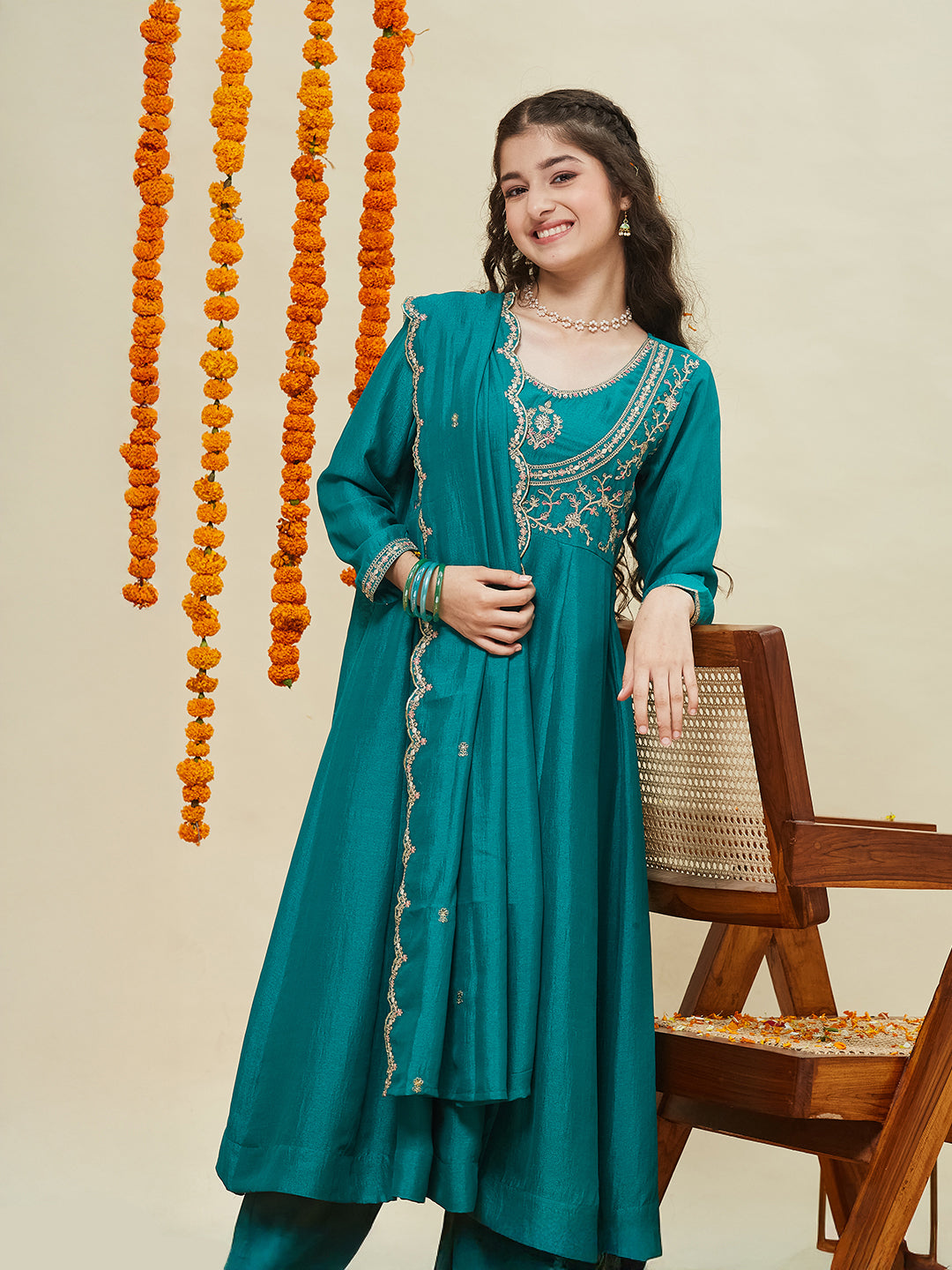 Dark Rama Embroidered Polyester Anarkali Pant with Dupatta Set for girls