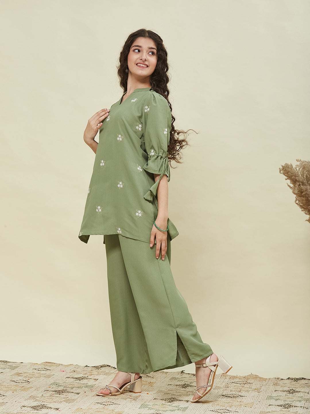 Green Viscose Blend Embroidered Top & Pant Set for Girls