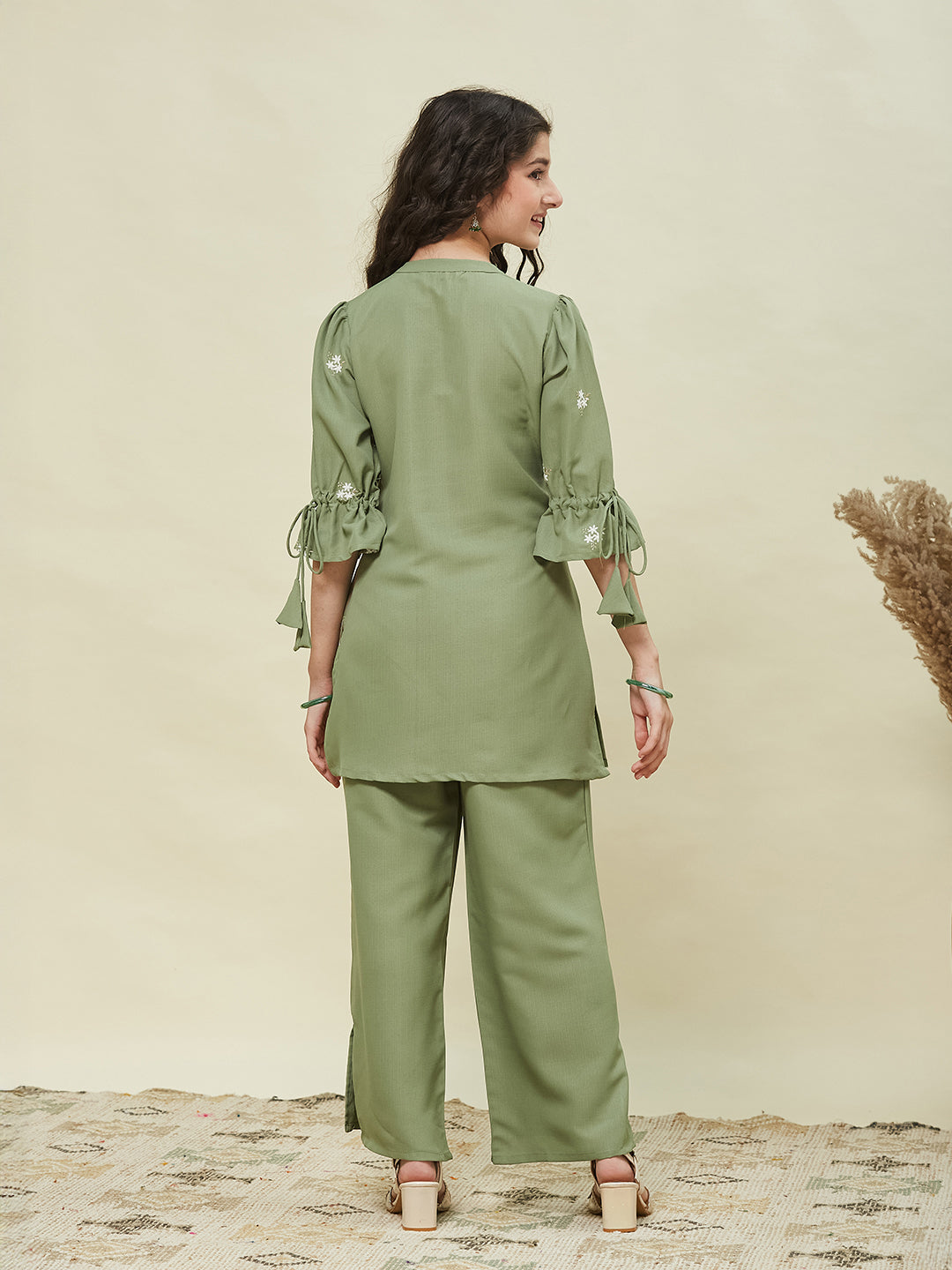 Green Viscose Blend Embroidered Top & Pant Set for Girls
