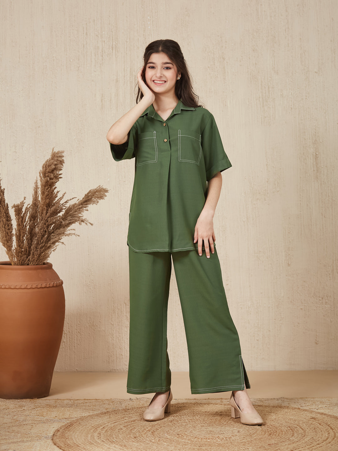 Olive Green Embroidered  Kurta & pant For Girls
