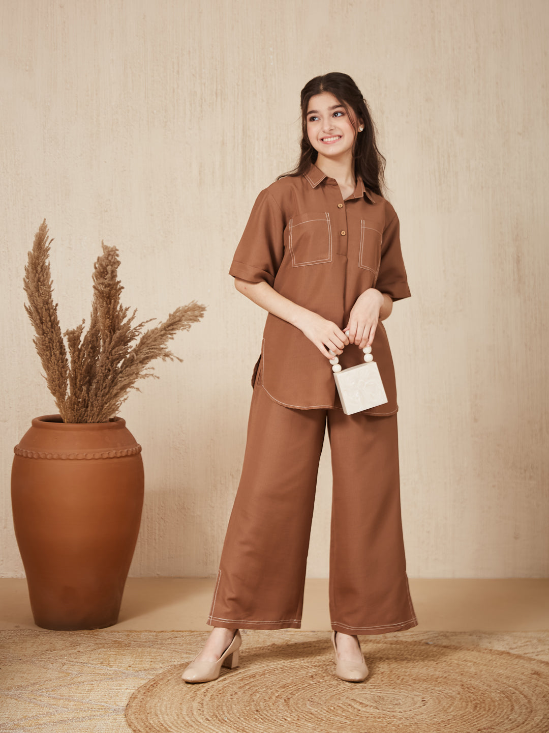 Caramel Embroidered  Kurta & pant For Girls