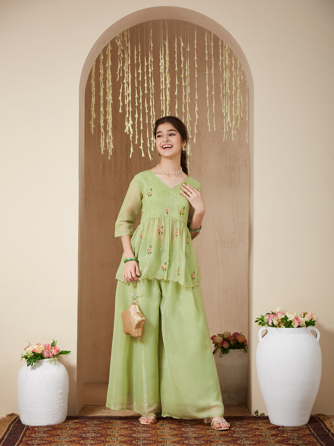 Light Green Polyester Embroidered Peplum & Palazzo Set for Girls