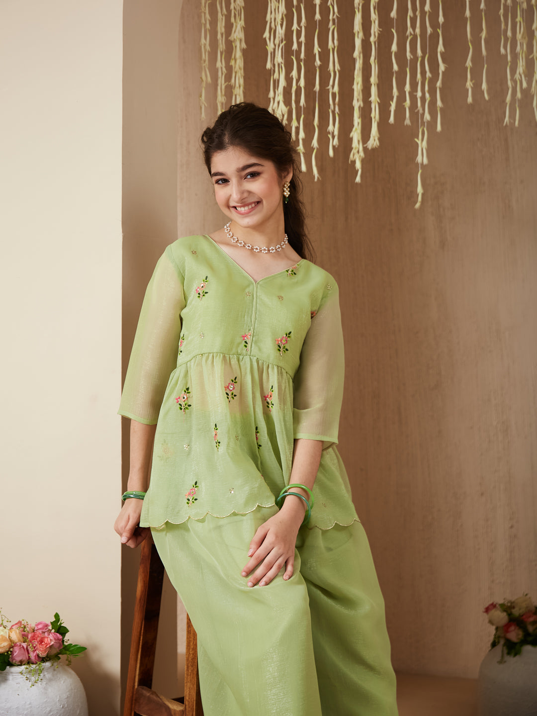 Light Green Polyester Embroidered Peplum & Palazzo Set for Girls