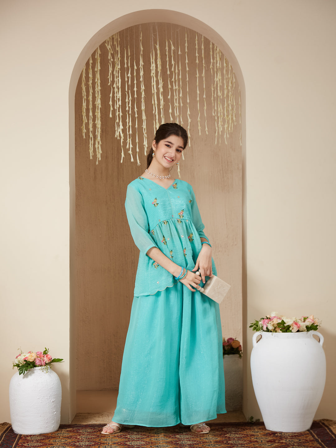 Sky Blue Polyester Embroidered Peplum & Palazzo Set for Girls