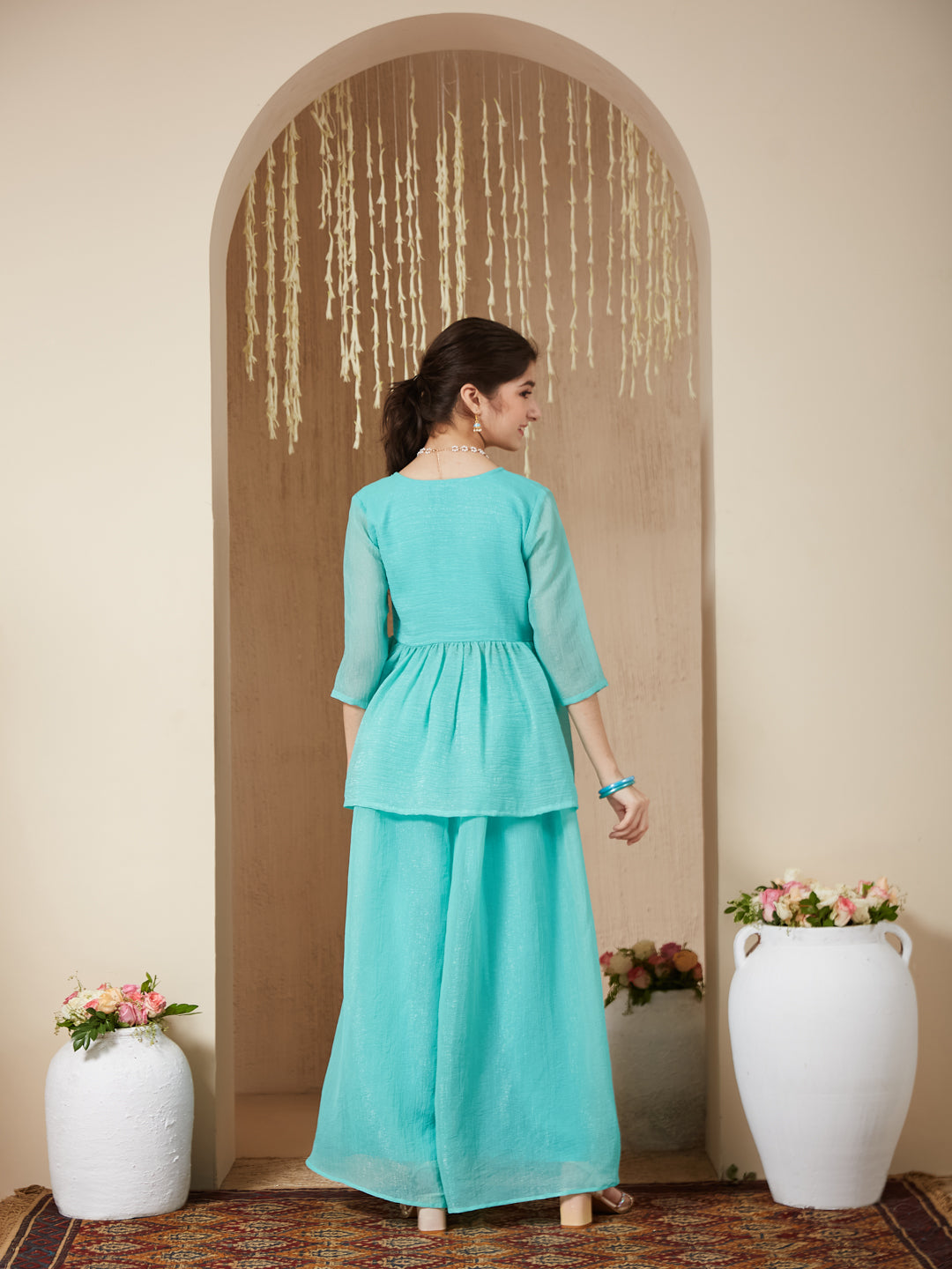 Sky Blue Polyester Embroidered Peplum & Palazzo Set for Girls