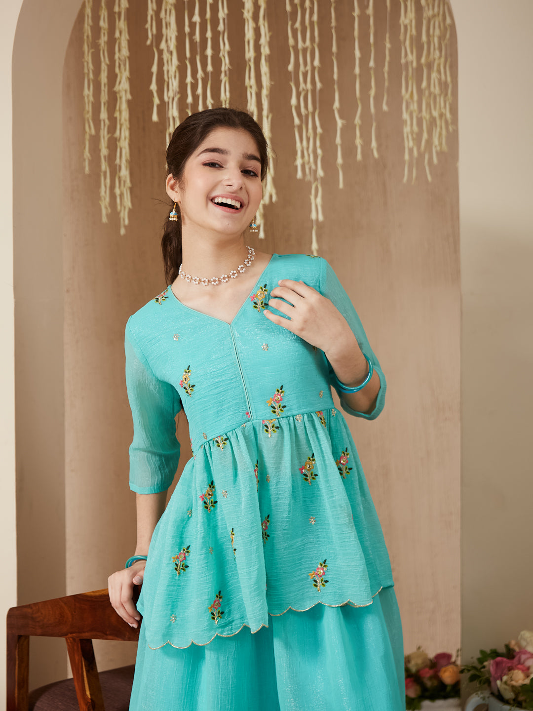 Sky Blue Polyester Embroidered Peplum & Palazzo Set for Girls