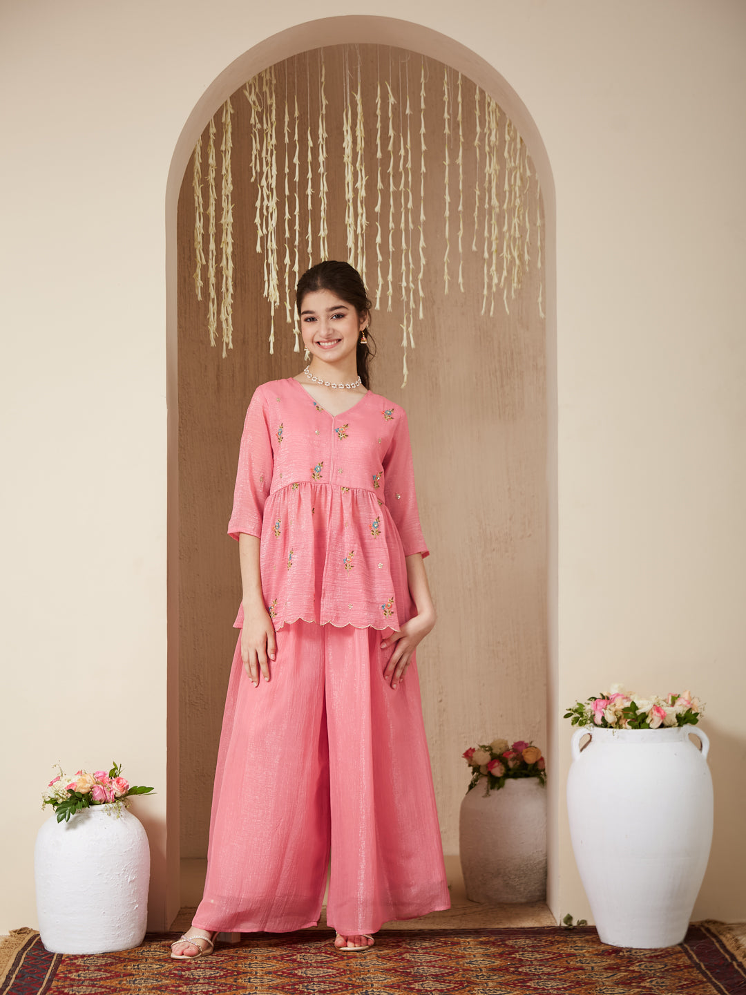 Baby Pink Polyester Embroidered Peplum & Palazzo Set for Girls