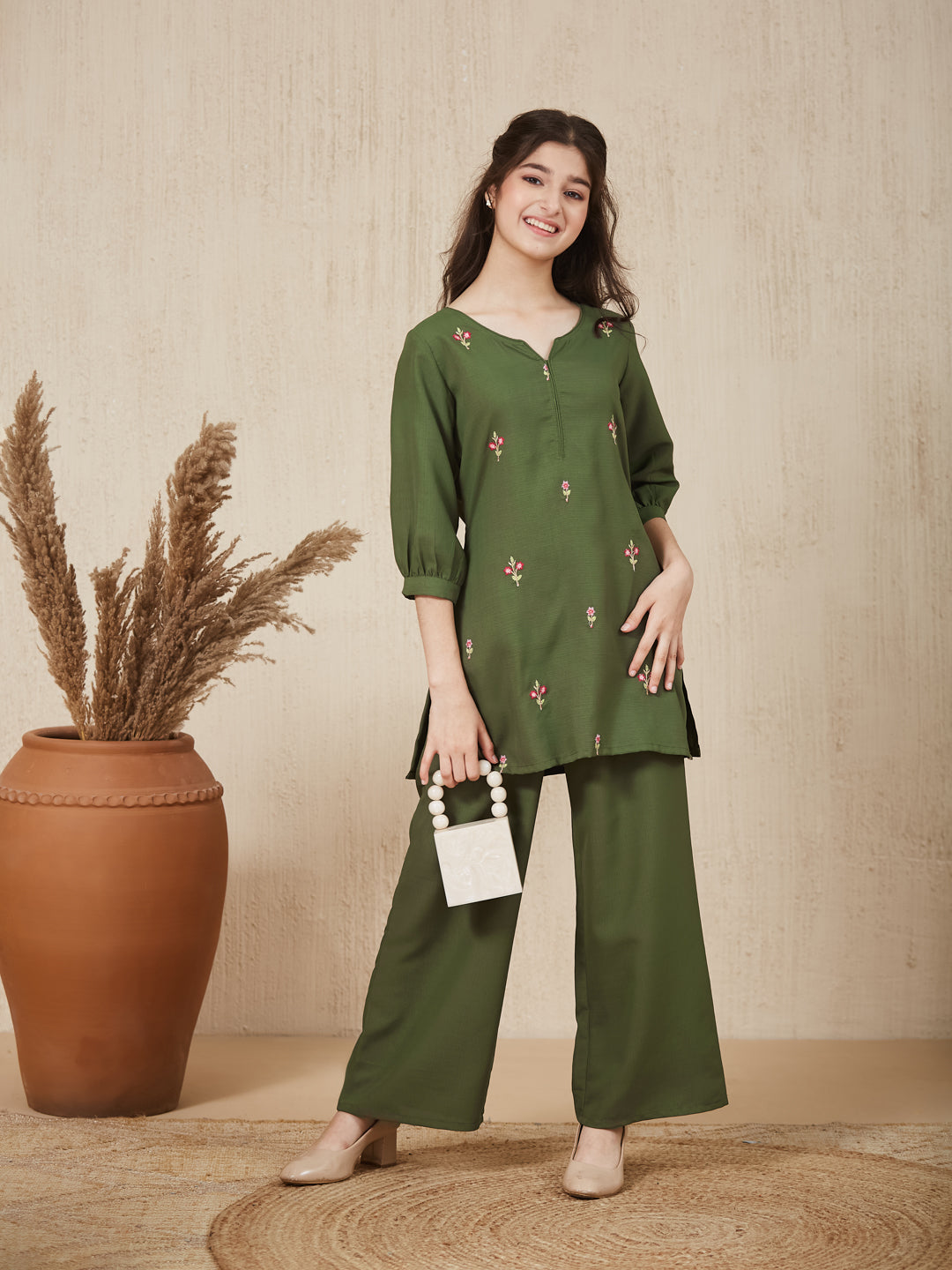 Olive Green Embroidered  Kurta & pant For Girls