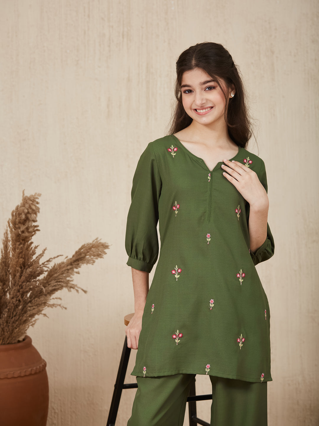Olive Green Embroidered  Kurta & pant For Girls
