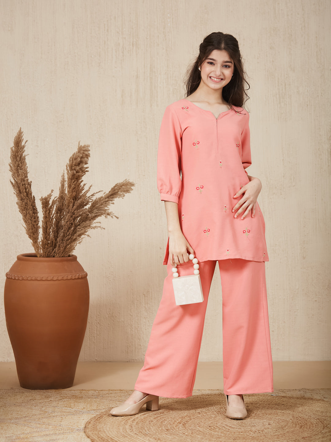 Pink Embroidered  Kurta & pant For Girls