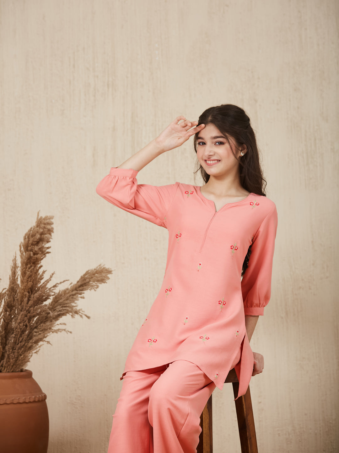 Pink Embroidered  Kurta & pant For Girls
