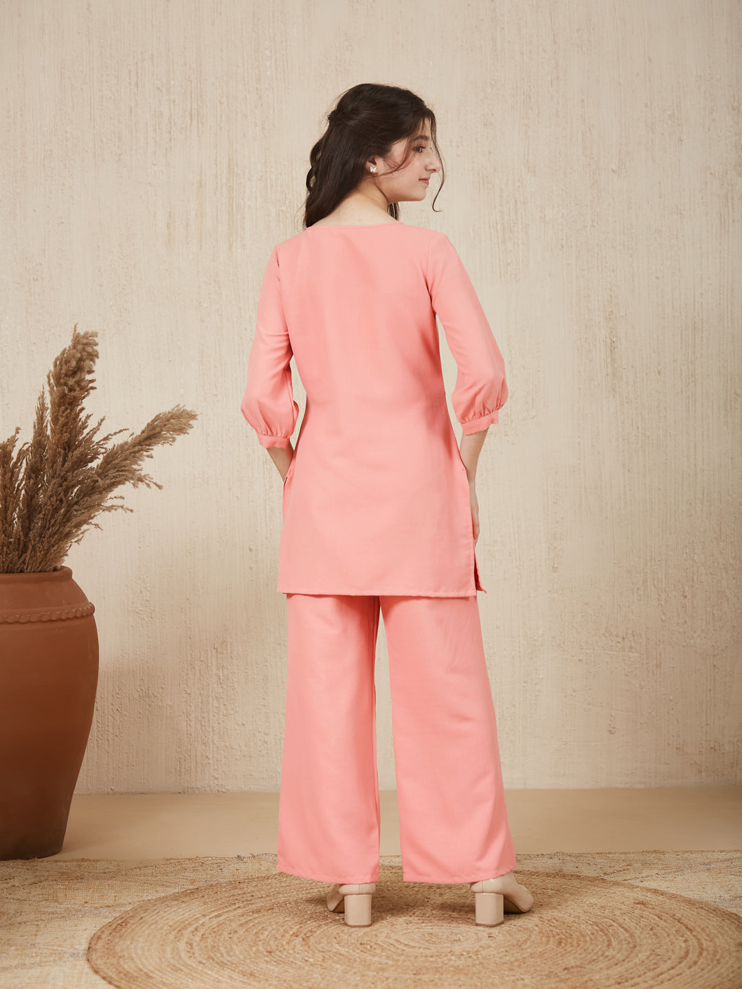 Pink Embroidered  Kurta & pant For Girls