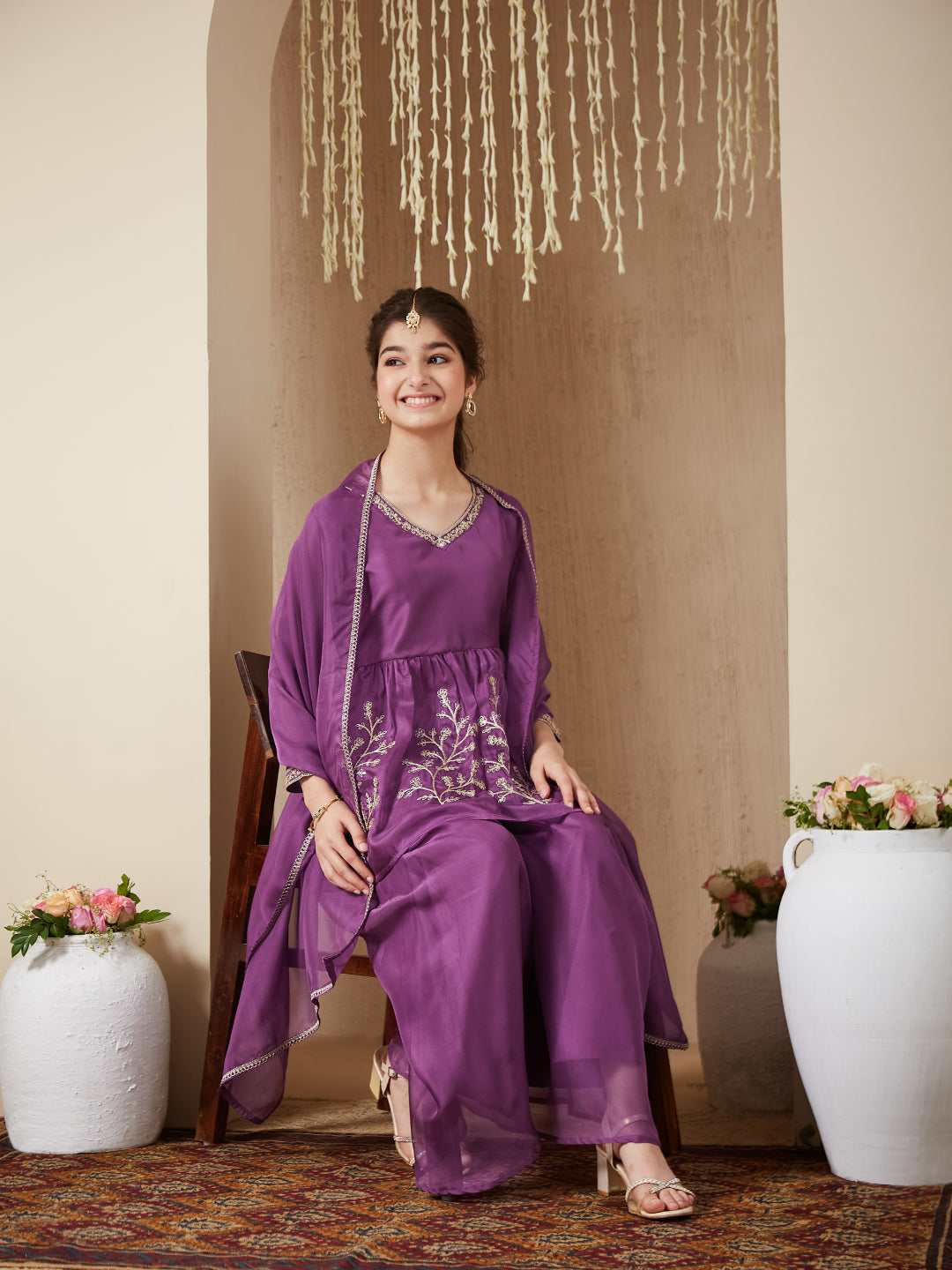 Purple Organza Embroidered Kurta Plazzo & Dupatta Set for Girls