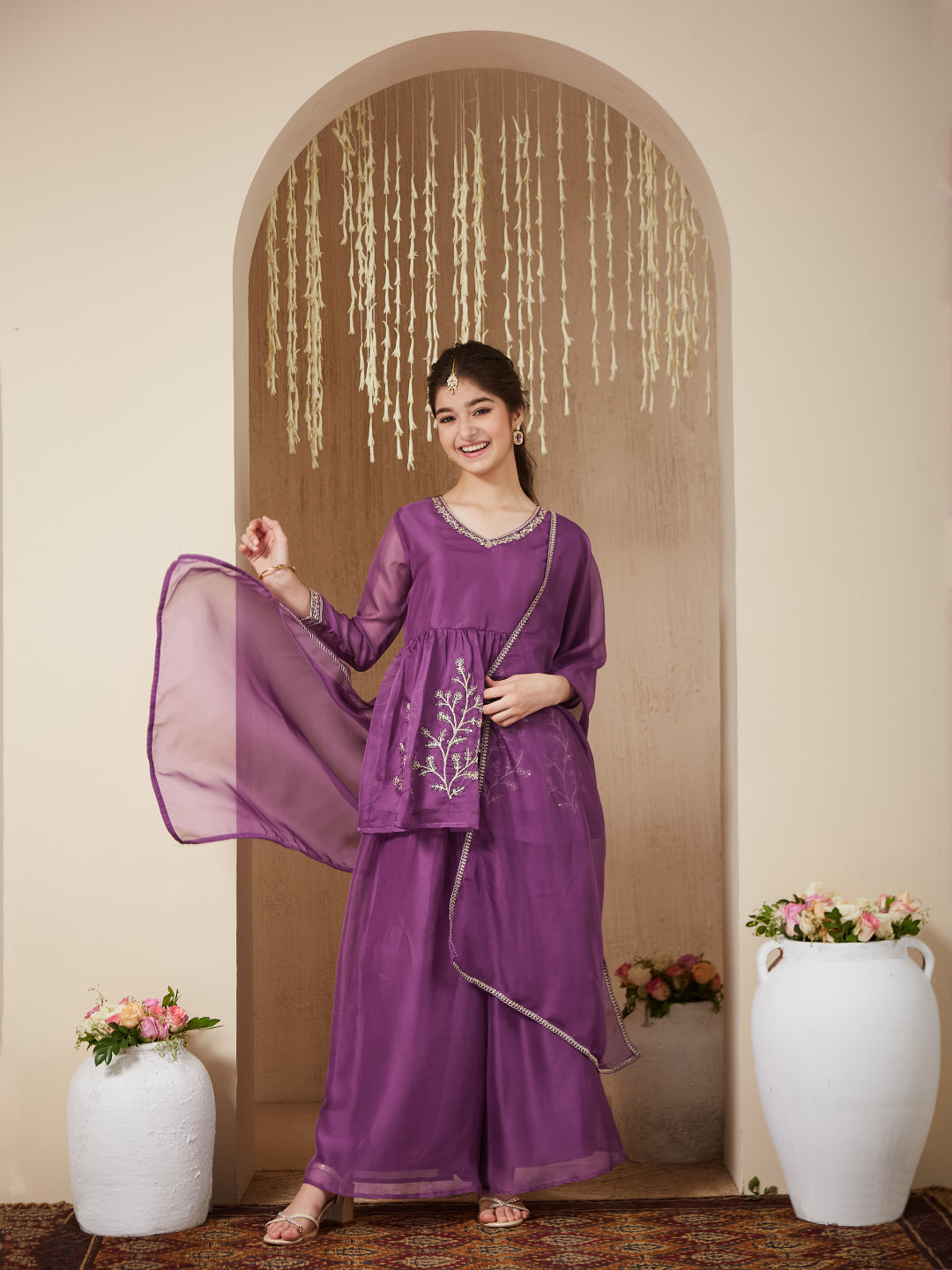 Purple Organza Embroidered Kurta Plazzo & Dupatta Set for Girls