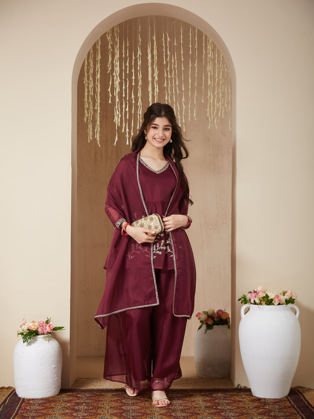 Maroon Organza Embroidered Kurta Plazzo & Dupatta Set for Girls