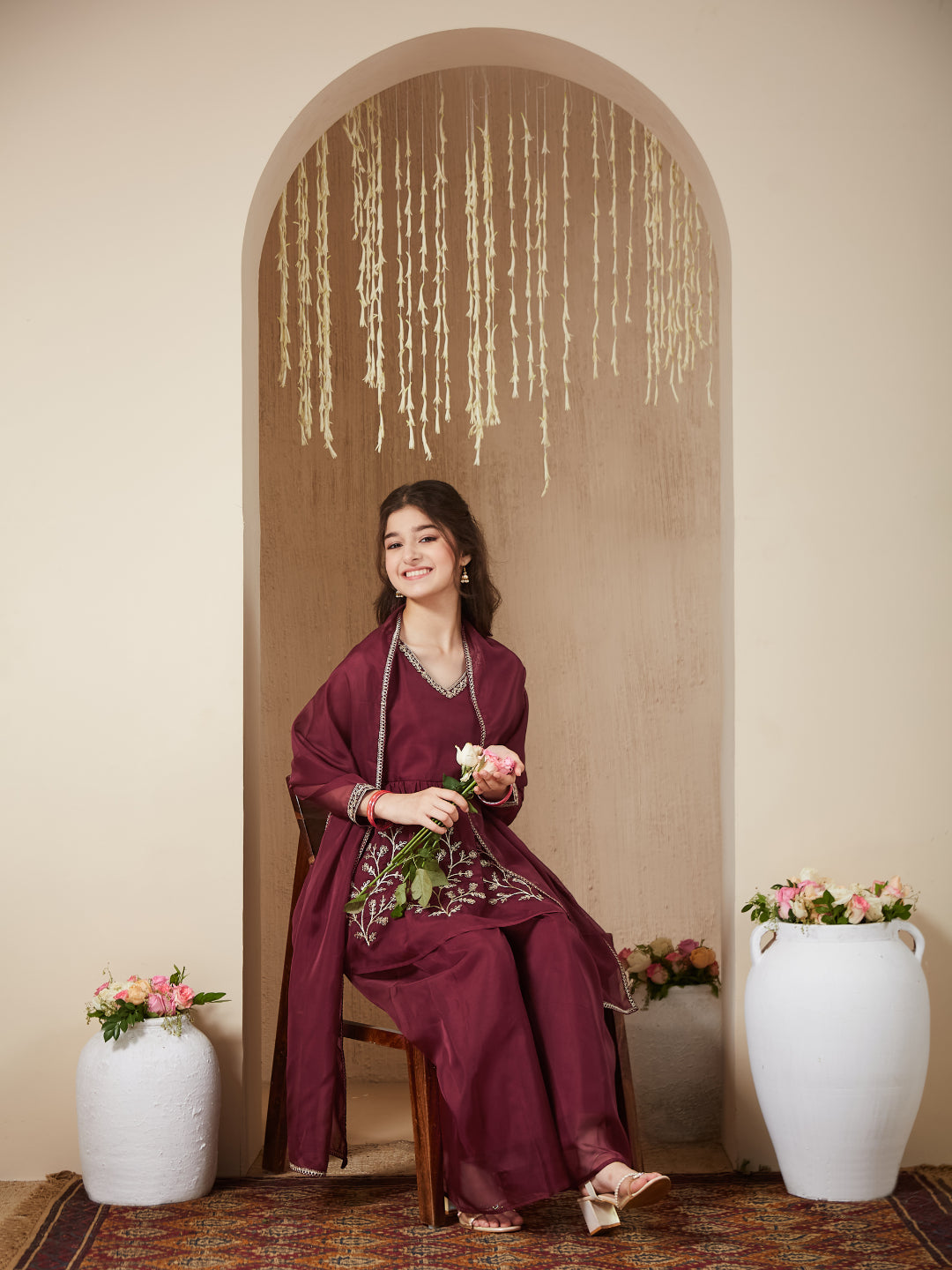 Maroon Organza Embroidered Kurta Plazzo & Dupatta Set for Girls