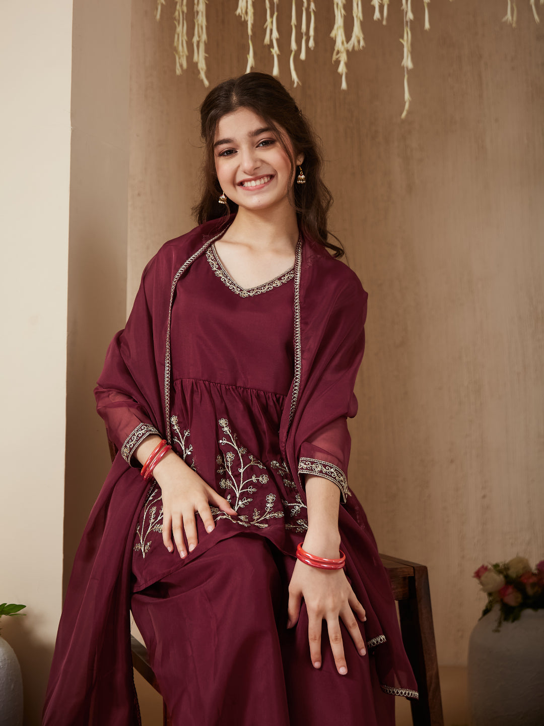 Maroon Organza Embroidered Kurta Plazzo & Dupatta Set for Girls