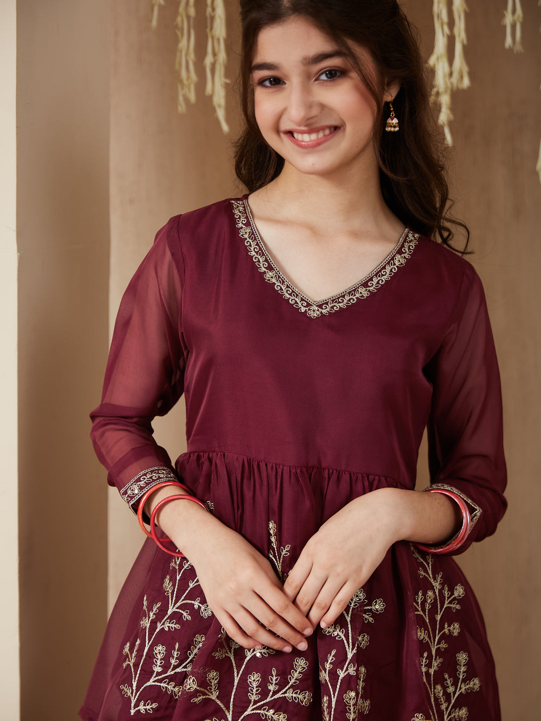 Maroon Organza Embroidered Kurta Plazzo & Dupatta Set for Girls