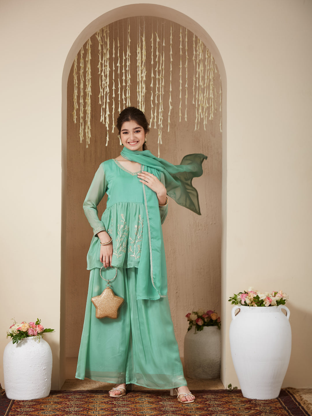 Mint Organza Embroidered Kurta Plazzo & Dupatta Set for Girls