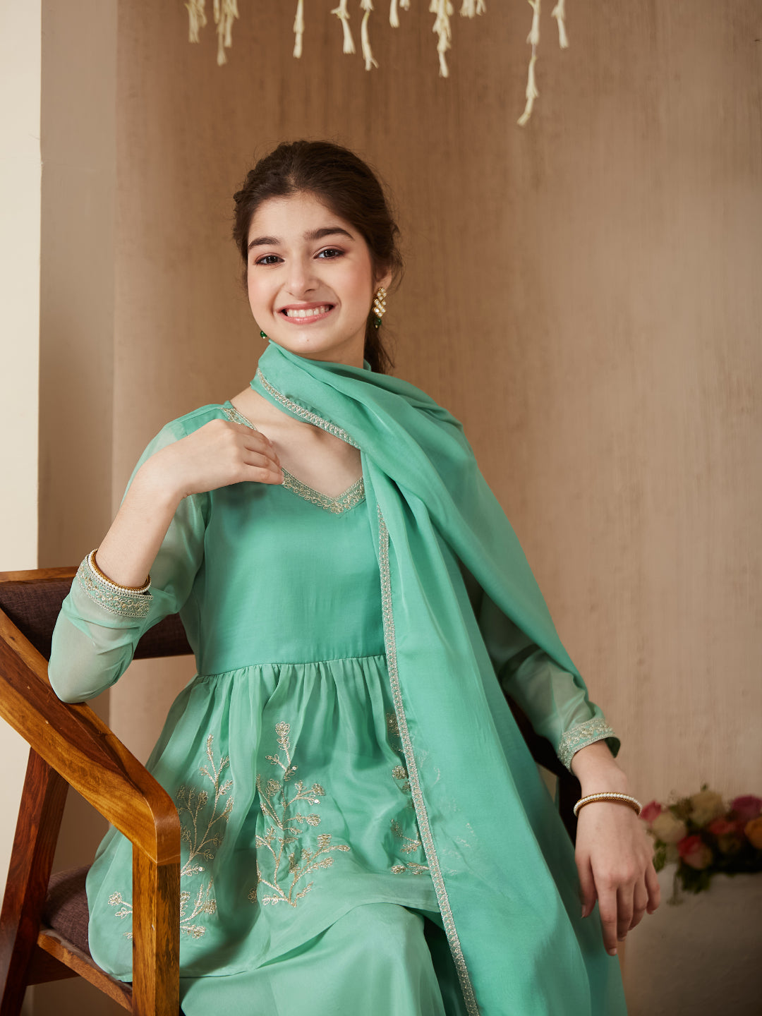 Mint Organza Embroidered Kurta Plazzo & Dupatta Set for Girls
