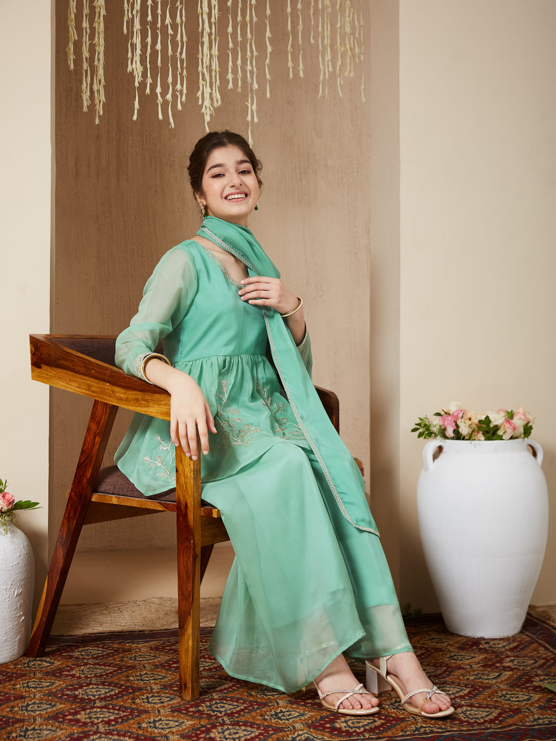 Mint Organza Embroidered Kurta Plazzo & Dupatta Set for Girls