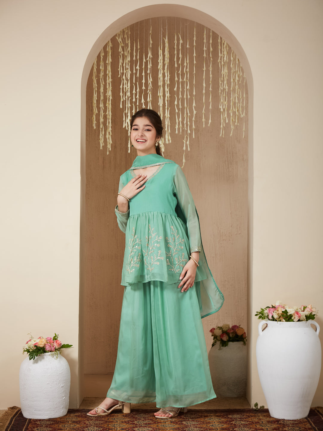 Mint Organza Embroidered Kurta Plazzo & Dupatta Set for Girls