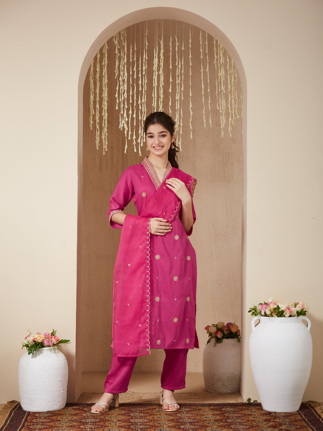 Dark Pink Chinon Embroidered Kurta & Dupatta Set for Girls