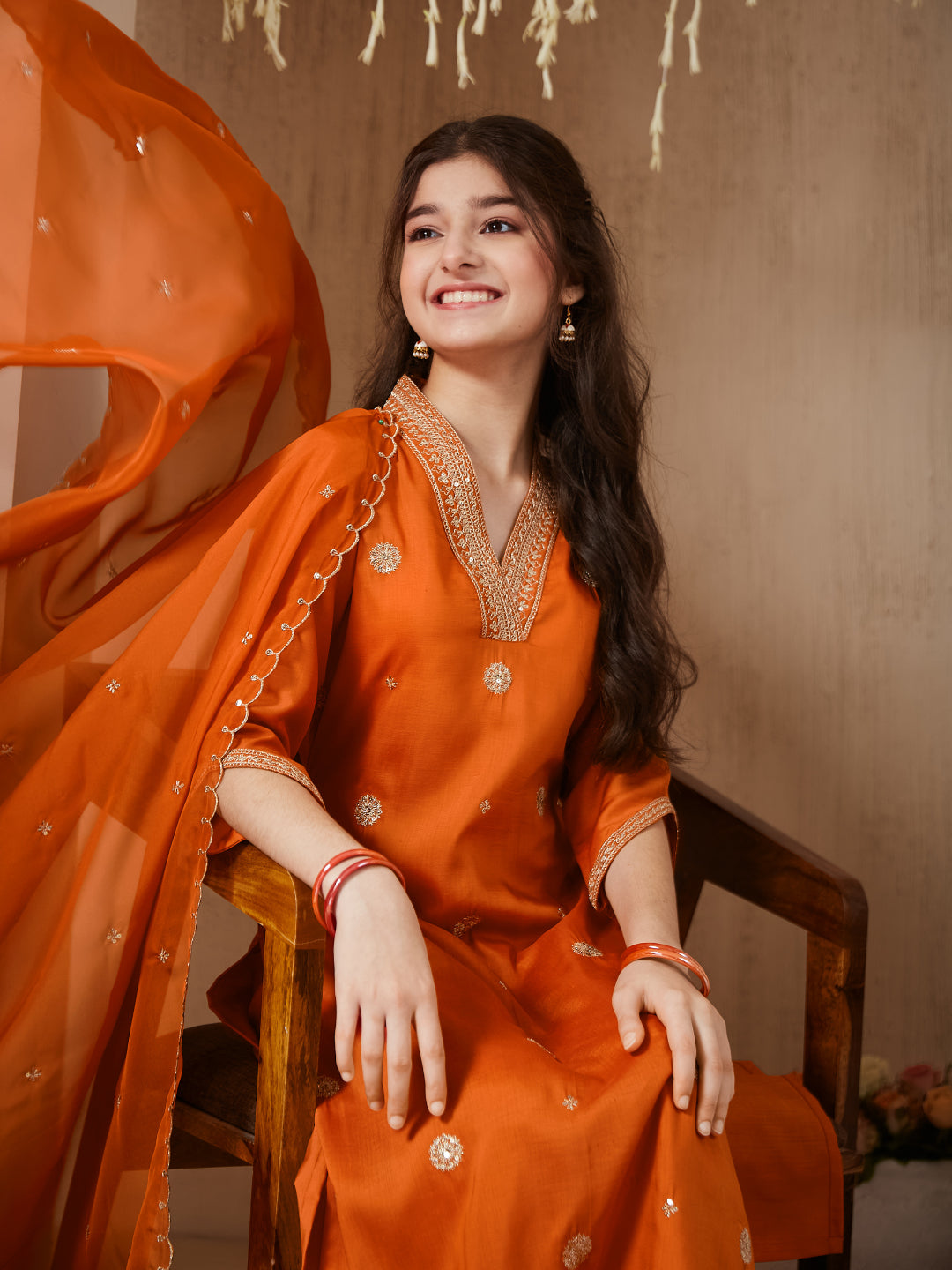 Orange Chinon Embroidered Kurta & Dupatta Set for Girls