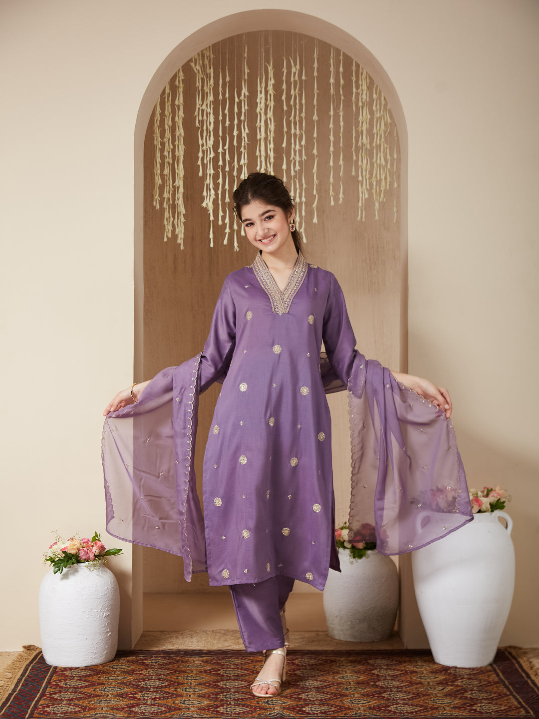Lavender Chinon Embroidered Kurta & Dupatta Set for Girls