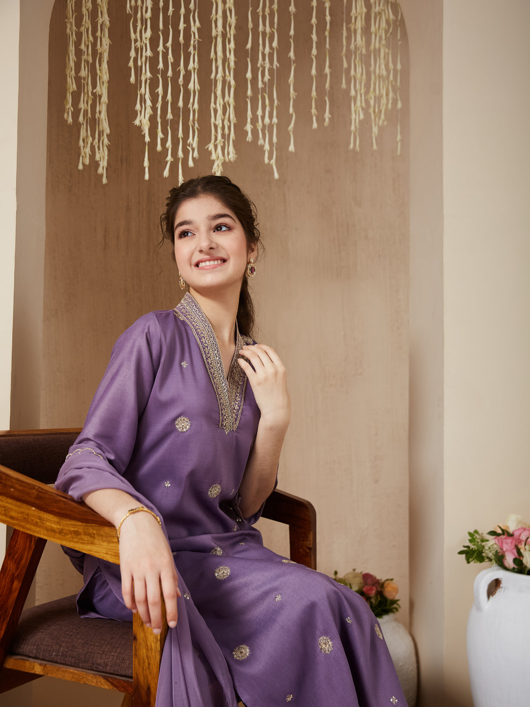 Lavender Chinon Embroidered Kurta & Dupatta Set for Girls