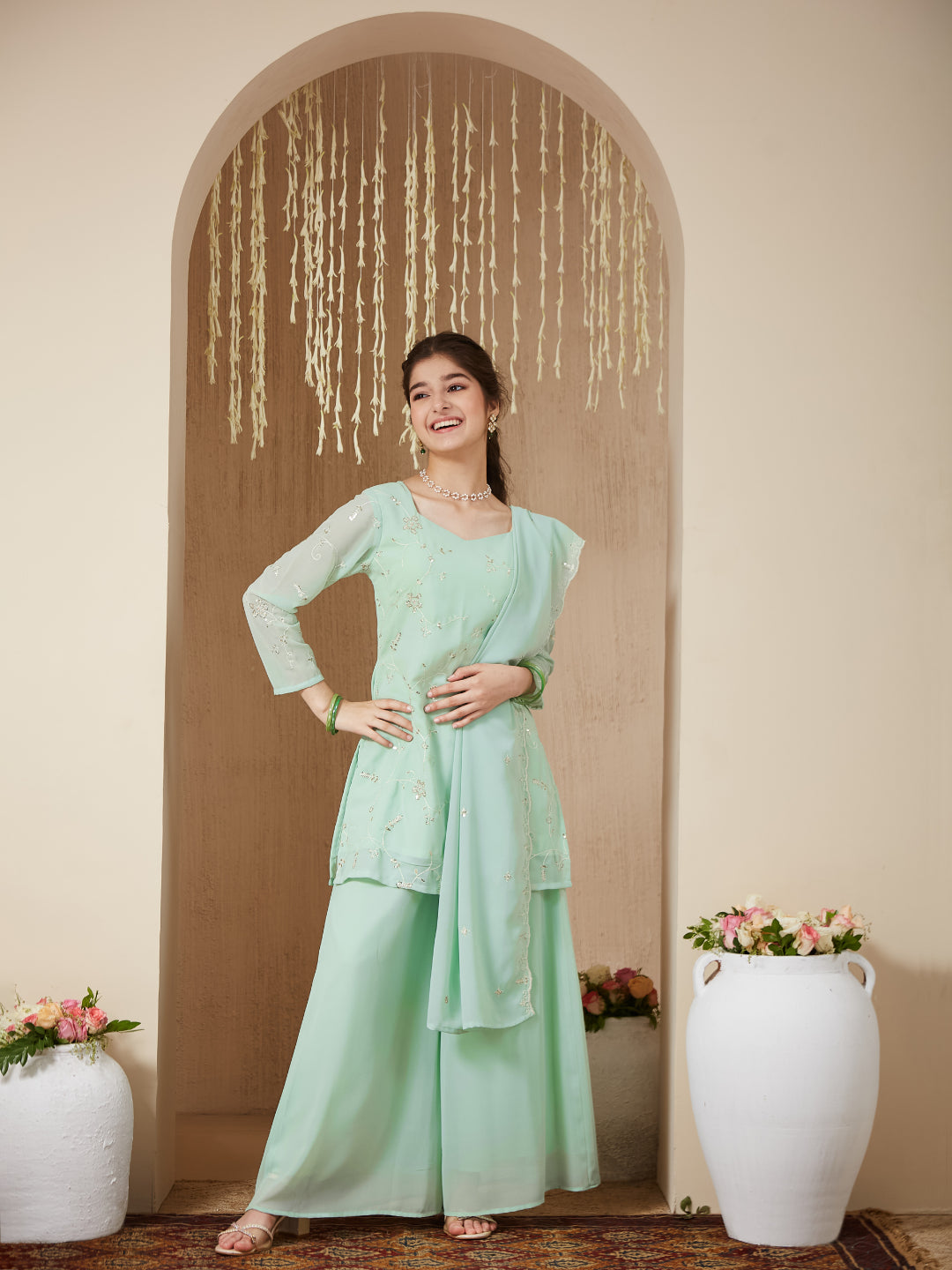 Mint Georgette Embroidered Kurta Plazzo & Dupatta Set for Girls