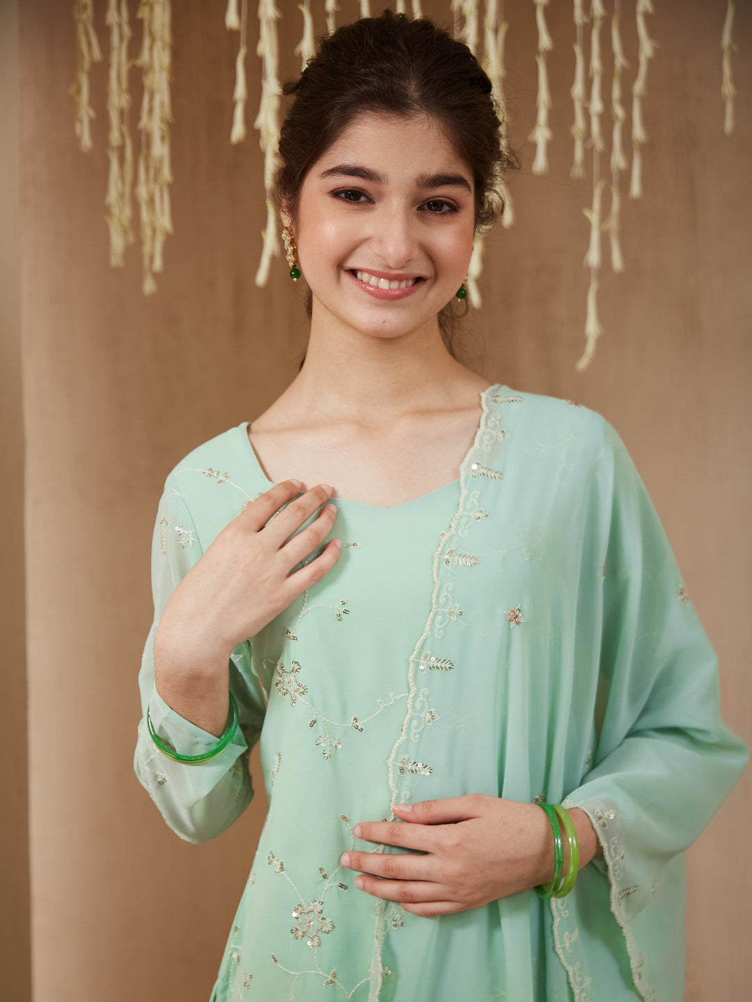 Mint Georgette Embroidered Kurta Plazzo & Dupatta Set for Girls