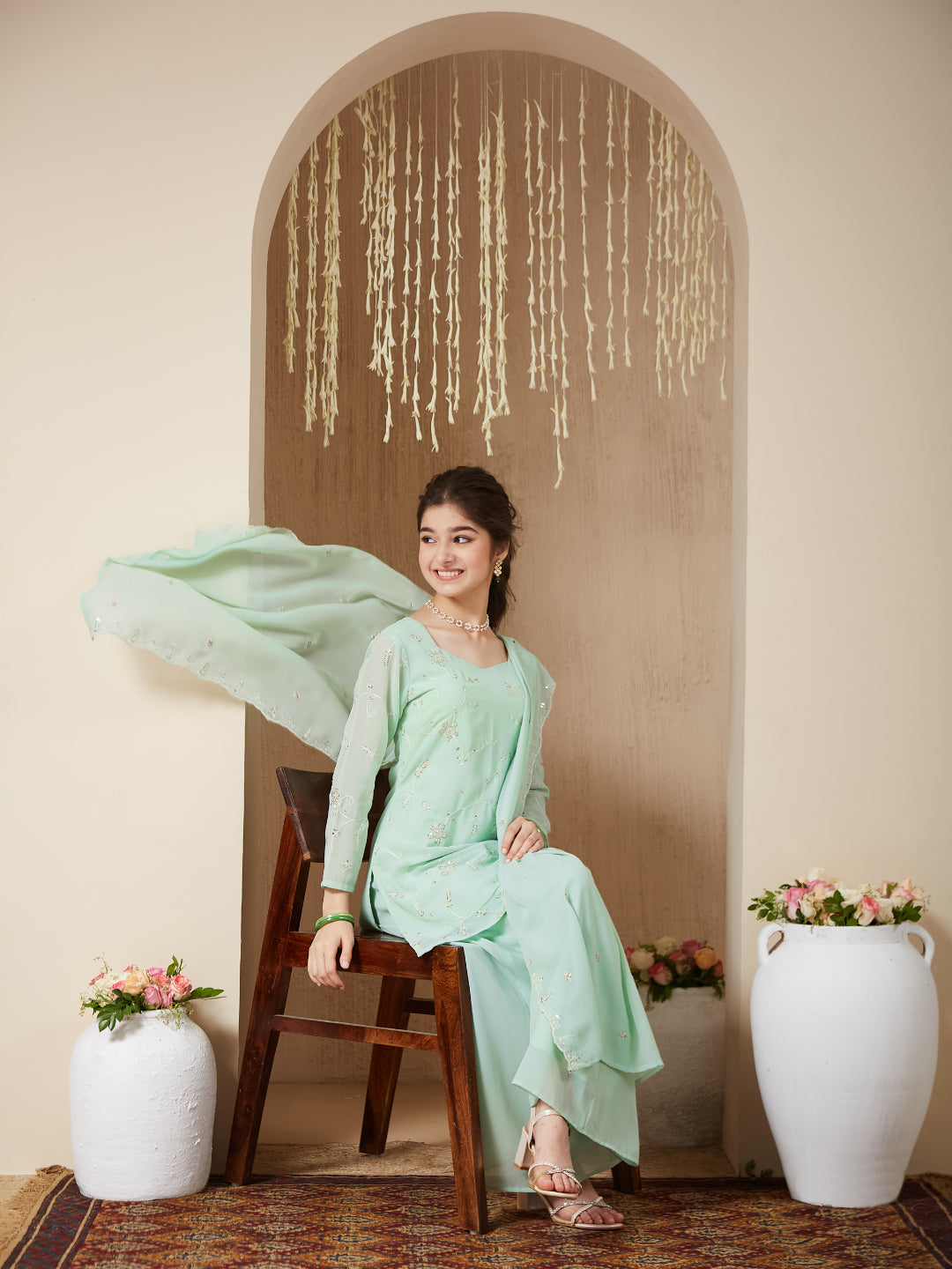 Mint Georgette Embroidered Kurta Plazzo & Dupatta Set for Girls